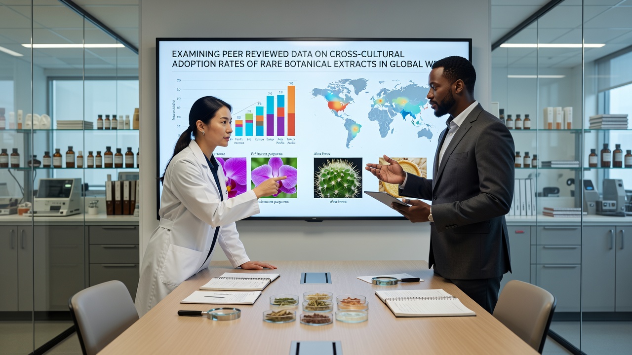Global map overlay with adoption rate statistics for botanical extracts in wellness applications